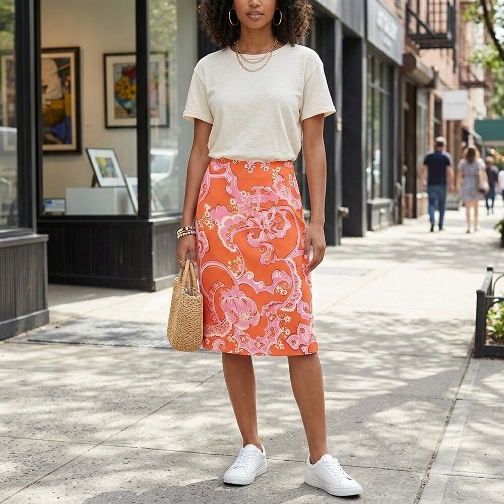 Ann Taylor Floral Print Knee Length Pencil Skirt Silk Orange Pink 2